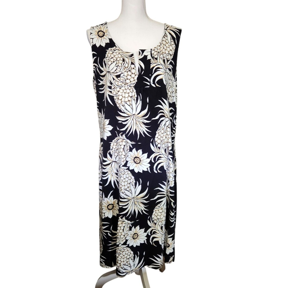 Talbots Shift Dress Sleeveless Black with Pineapples Flowers Womens Size 2X